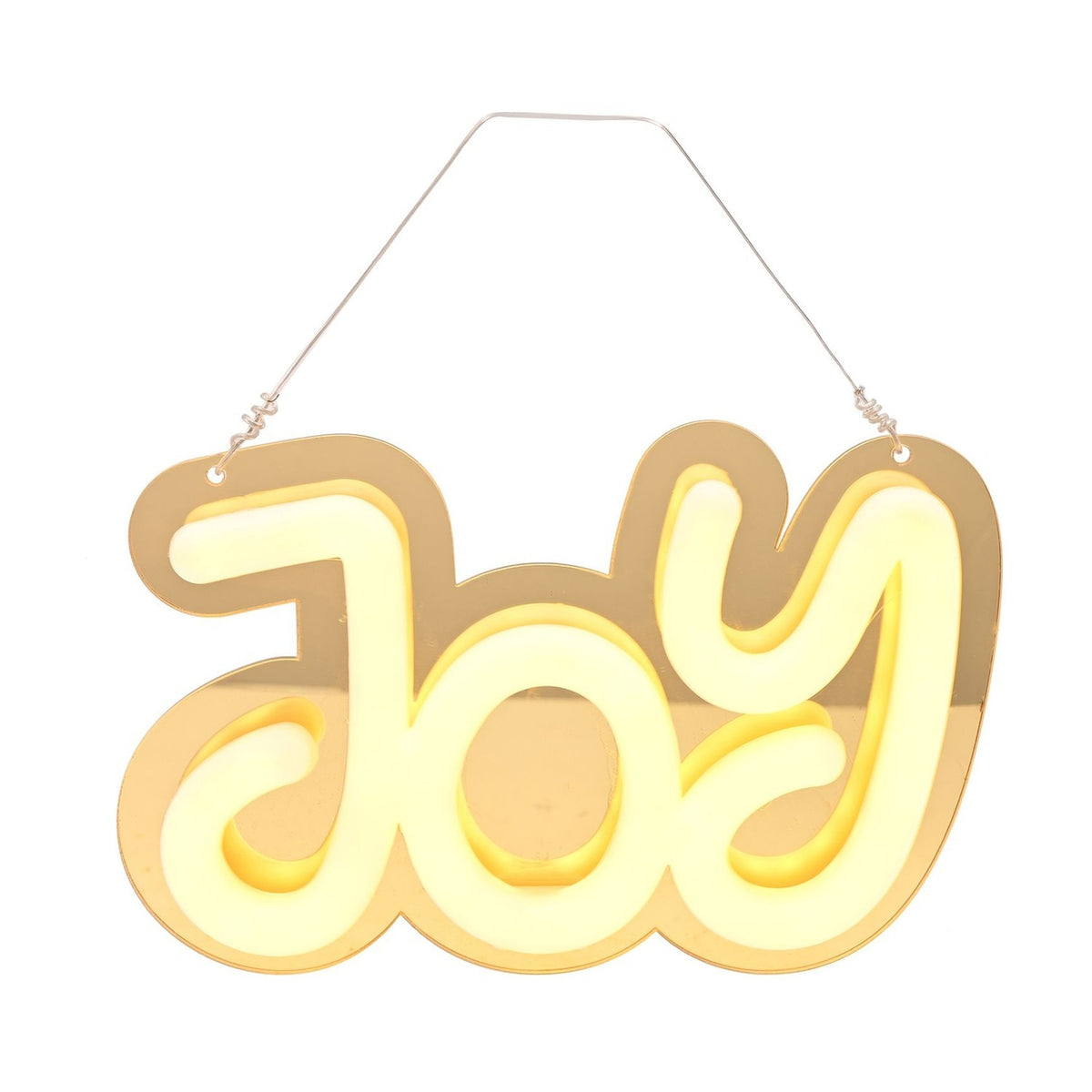 Gold mirrored plastic "Joy" LED neon hanging decoration with rounded white letters glowing warm yellow, hung on a thin cord against a plain white background.