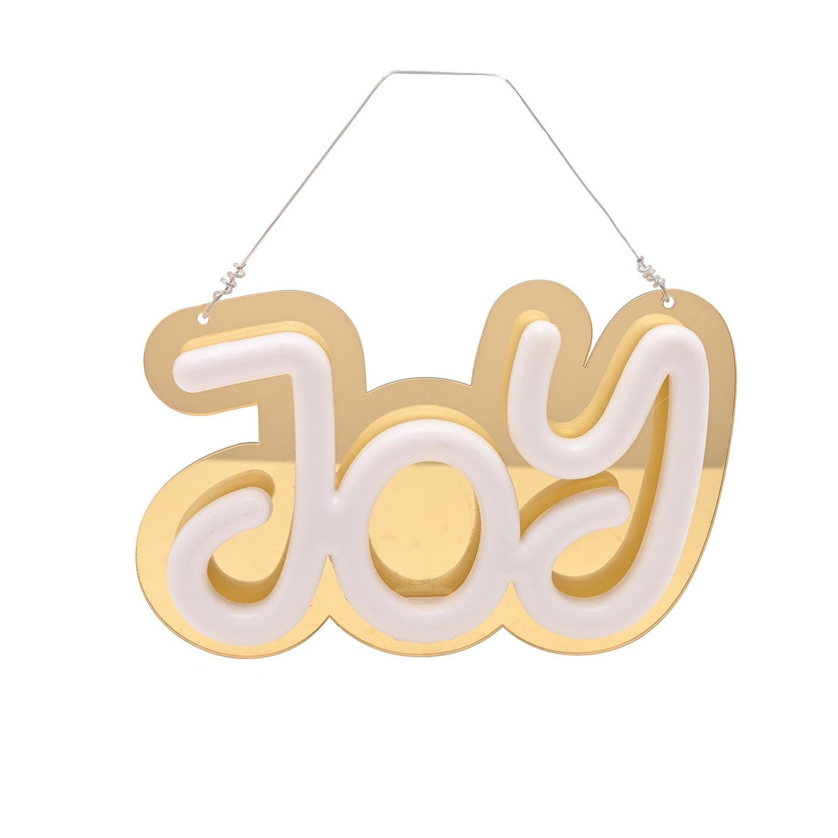 Joy LED Neon Light Up Hanging Decoration with white script letters on a mirrored gold plastic backing and wire hanger, shown on a plain white background.