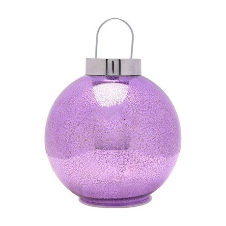 Purple mercury glass LED bauble decoration, round shape with speckled finish and silver cap and wire hanging loop, 20cm, on a plain white background.