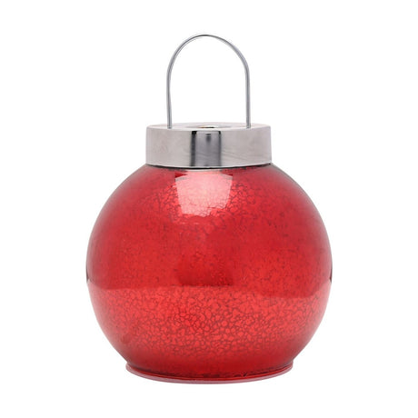 Round red mercury glass bauble LED light-up decoration, 16cm, with speckled finish, silver-toned cap and slim loop handle, shown on a plain white background.