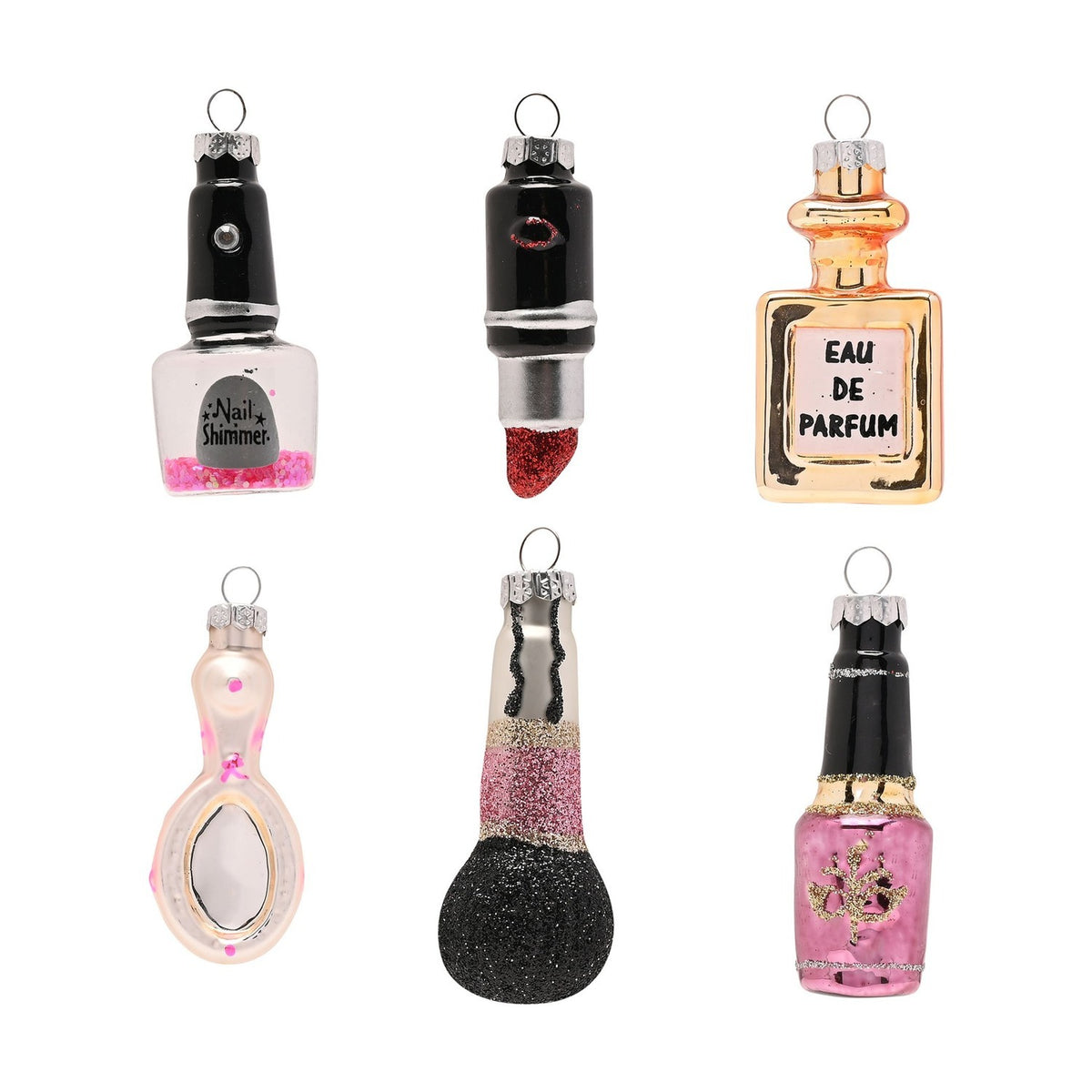Set of 6 Cosmetic Hanging Glass Christmas Tree Decorations