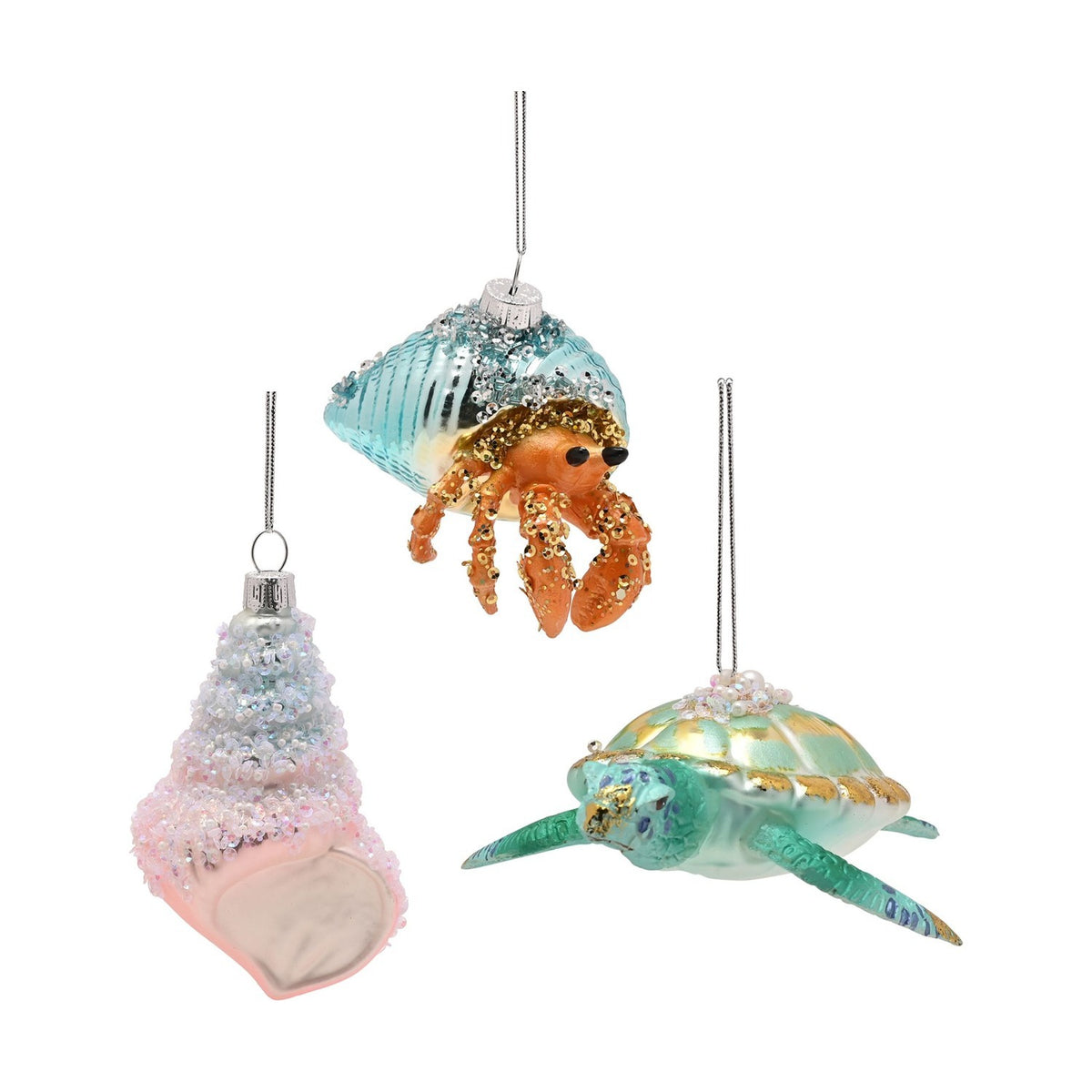 Set of 3 Under the Sea Glass Christmas Tree Decorations - Blue