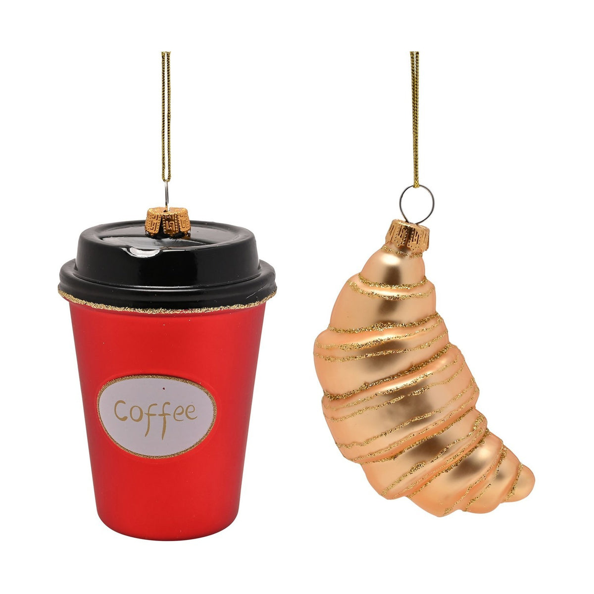 Set of 2 Croissant & Coffee Hanging Tree Decorations - Red & Gold