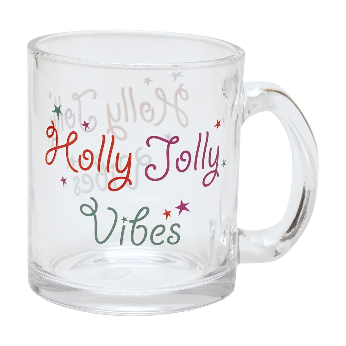 Holly Jolly Vibes Christmas Glass Mug with Stars - Clear