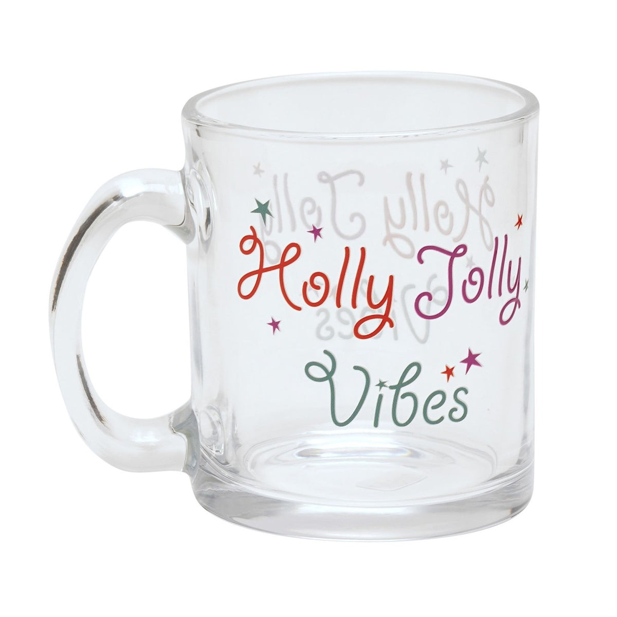 Holly Jolly Vibes Christmas Glass Mug with Stars - Clear