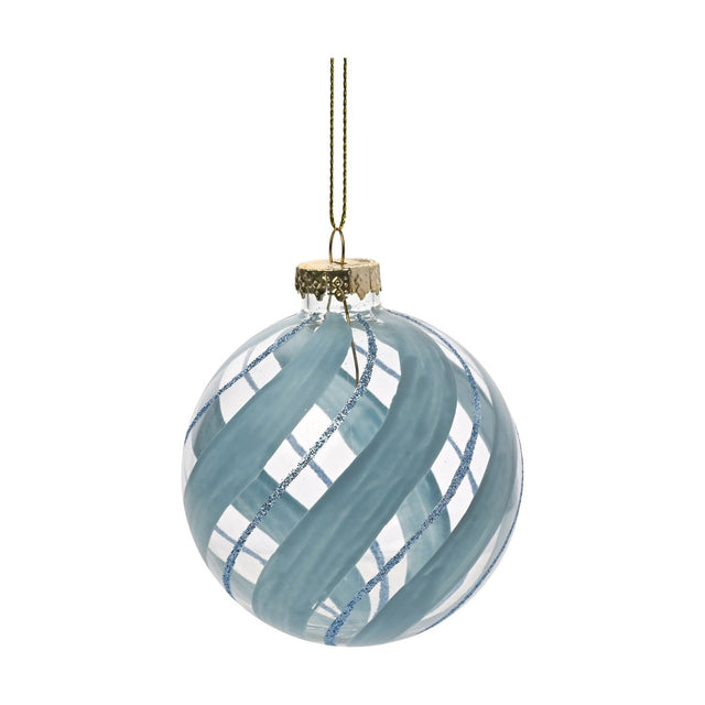 Round clear glass Christmas bauble with swirling powder blue frosted stripes and fine blue glitter lines, gold cap and hanging cord, shown on a plain white background.