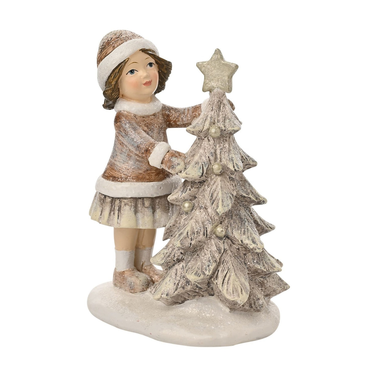 Child and Star-Topped Christmas Tree Scene Figurine - Brown