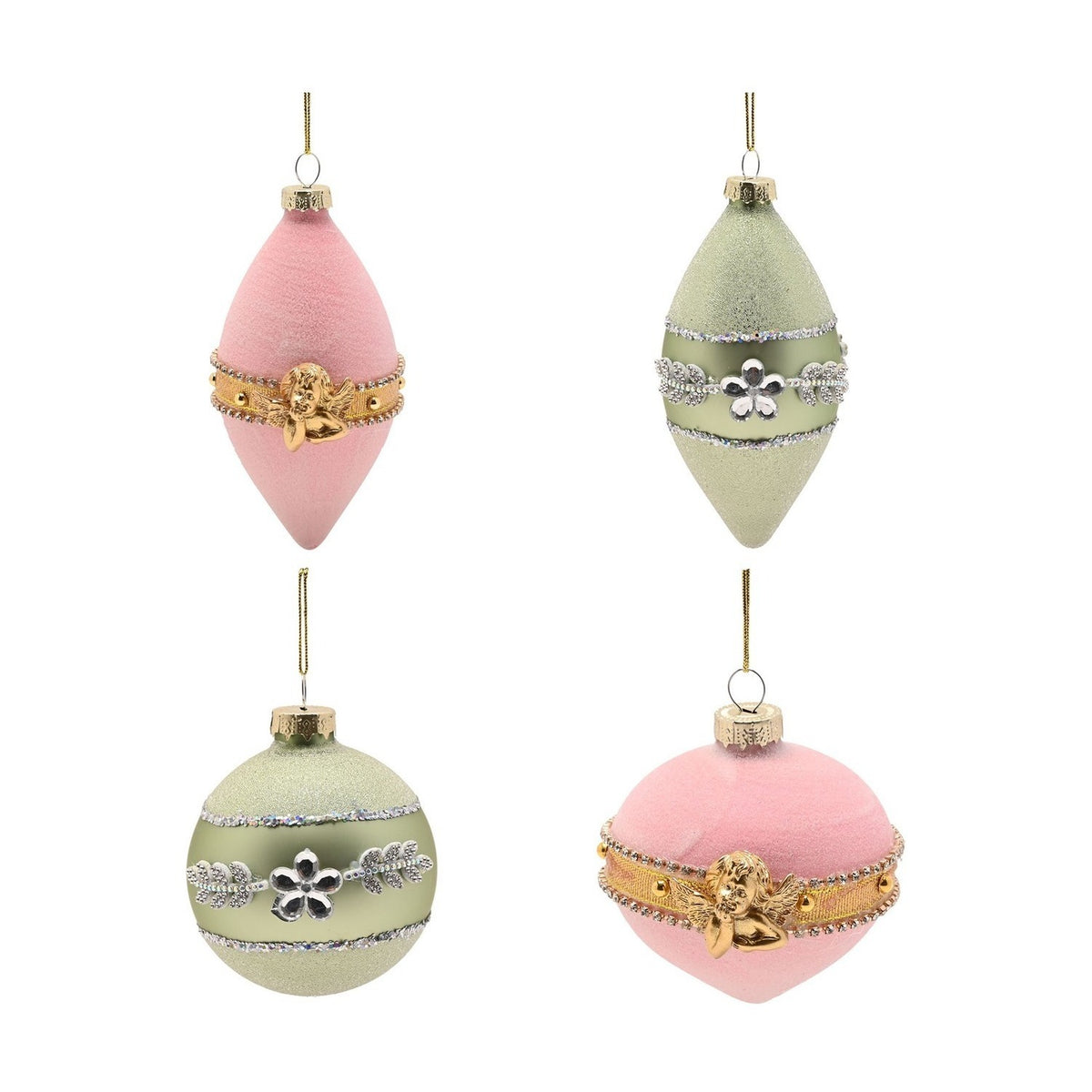 Set of 4 Parisian Glass Christmas Tree Decorations - Pink & Green