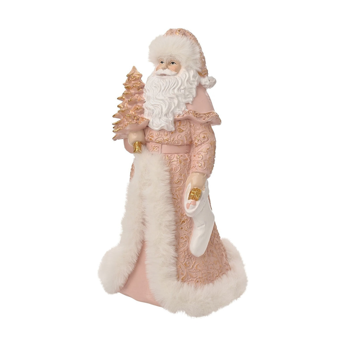 Santa Figurine with Christmas Tree and Gift Stocking - Pink