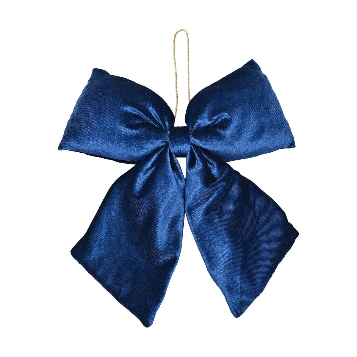 Dark blue velvet hanging bow Christmas decoration, 40cm x 30cm, with rounded loops, centre knot, pointed tails and a gold cord loop, on a plain white background.