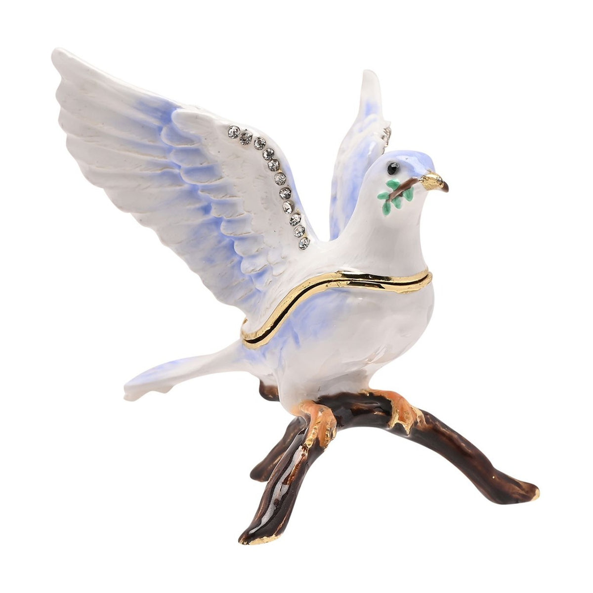 Dove on Branch Trinket Box with Hinged Lid - White & Blue