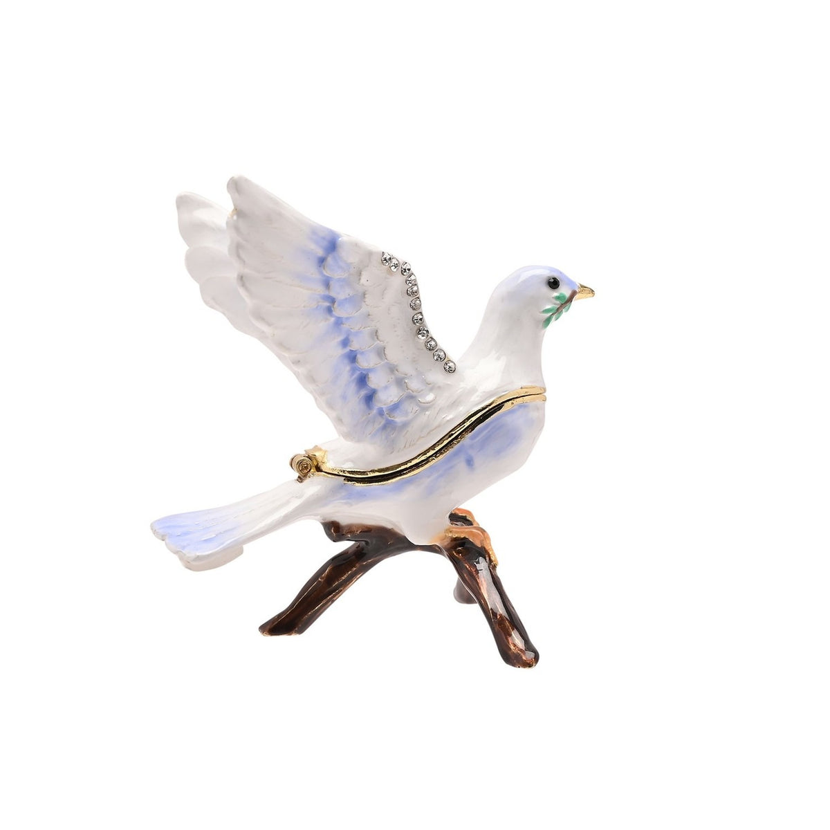 Dove on Branch Trinket Box with Hinged Lid - White & Blue