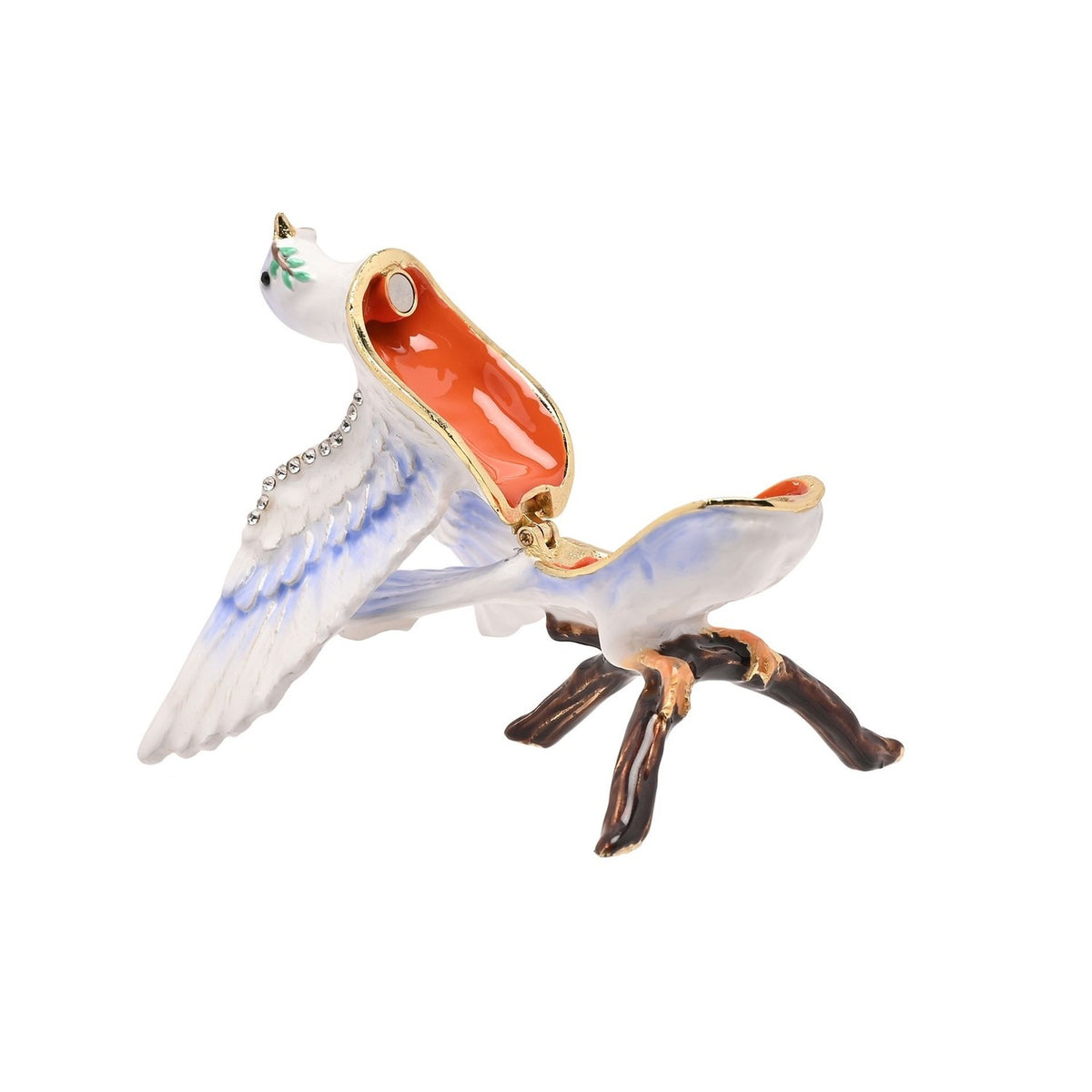 Dove on Branch Trinket Box with Hinged Lid - White & Blue