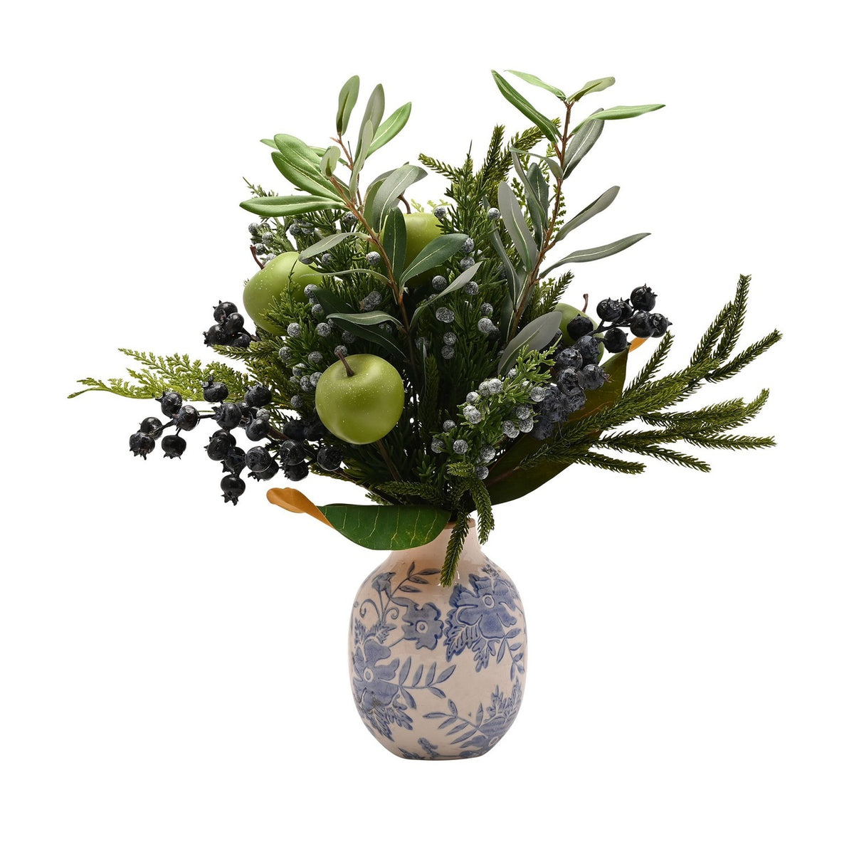 Faux Christmas Foliage Vase with Olives & Apples 46cm - Green