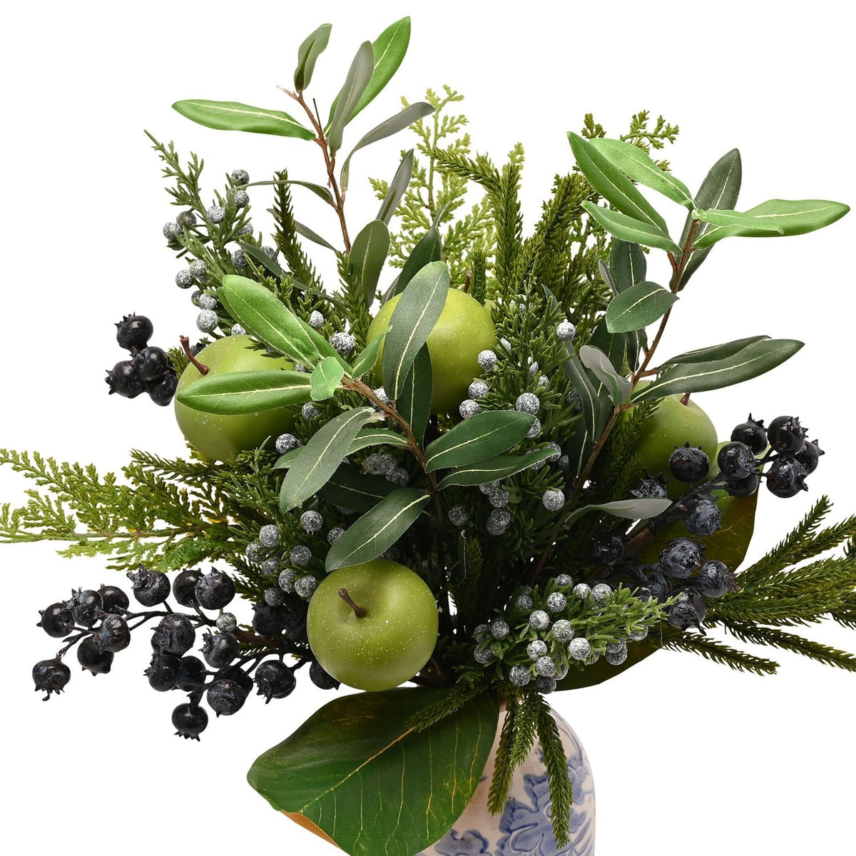 Faux Christmas Foliage Vase with Olives & Apples 46cm - Green