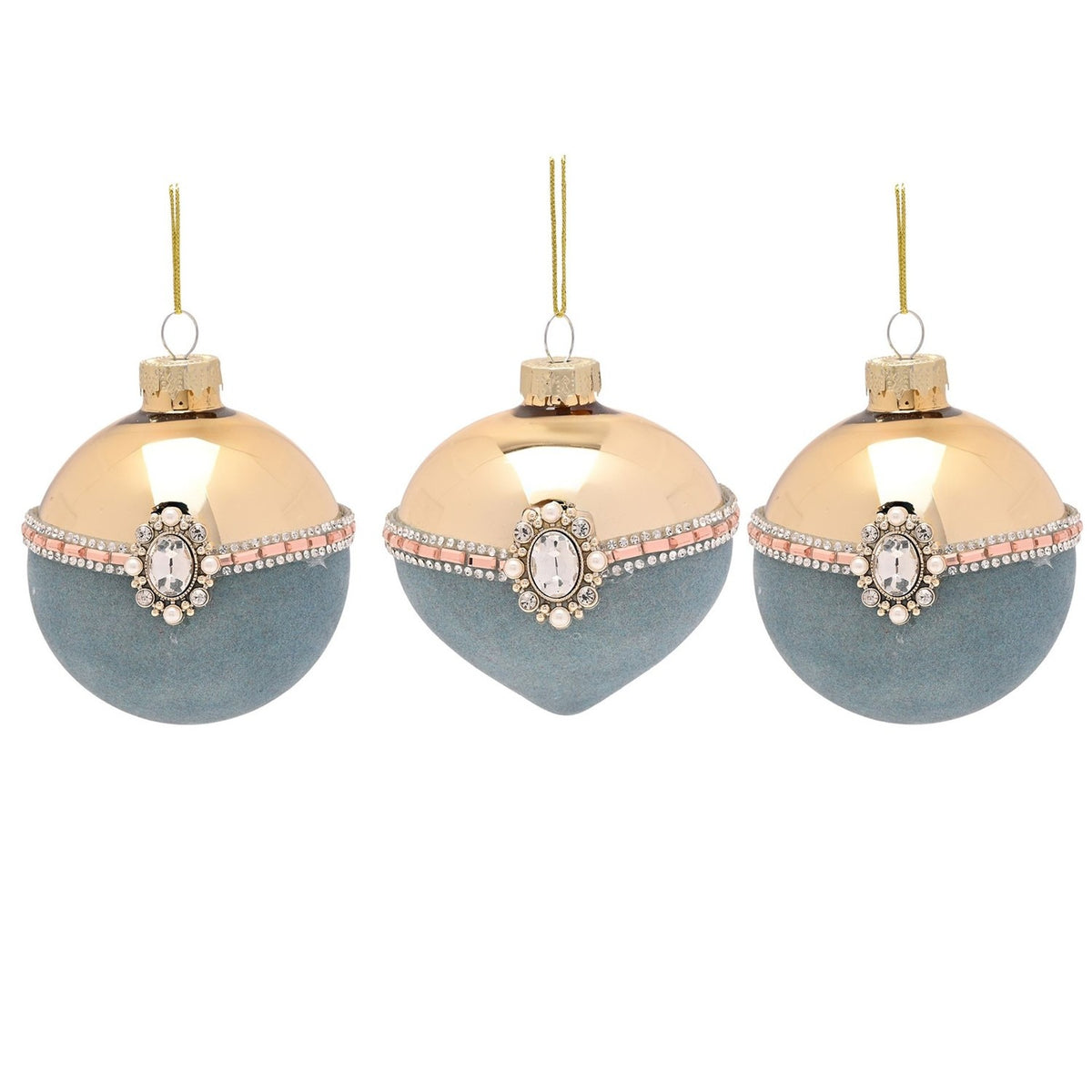 Set of 3 Ornate Glass Christmas Tree Decorations - Blue & Gold