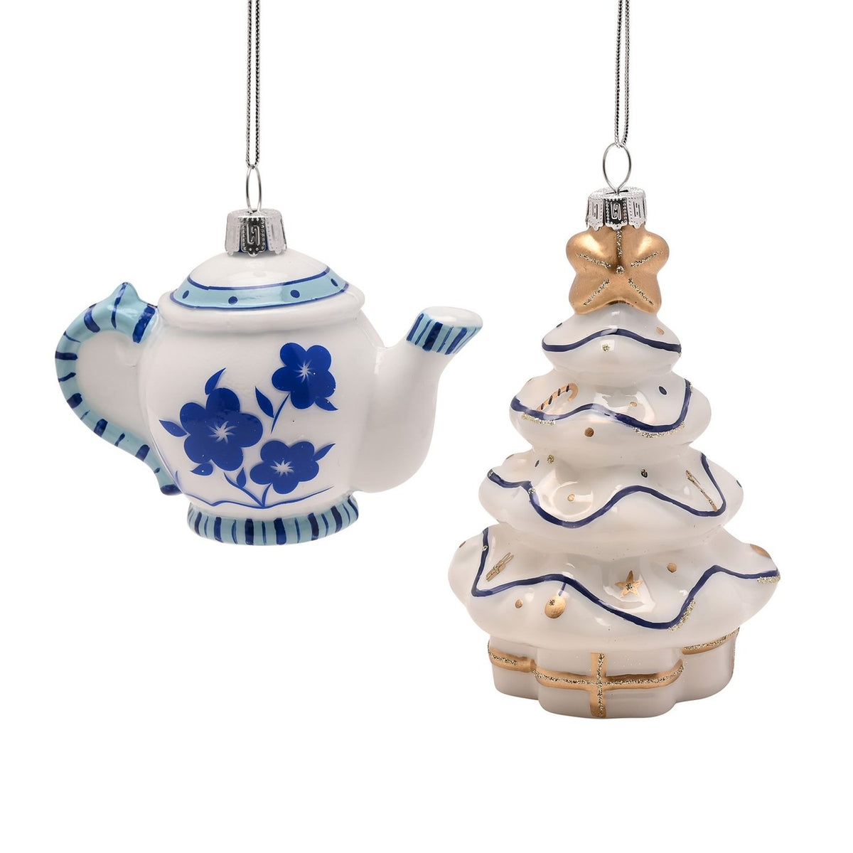 Set of 2 Hanging Glass Christmas Tree Decorations - White & Blue