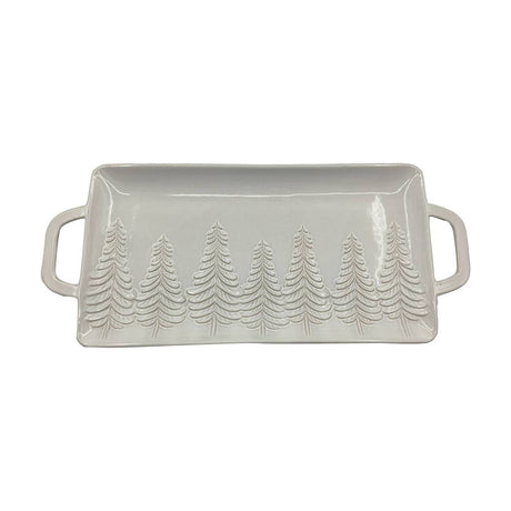 Rectangular grey stoneware serving tray with embossed pine tree design across the base, shallow lip, and a handle at each end, shown on a plain white background.