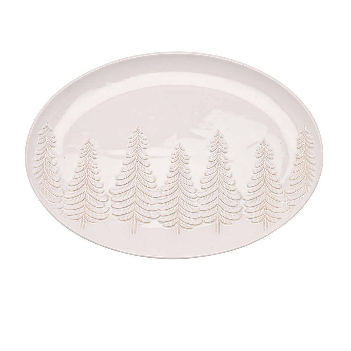 Oval grey stoneware serving plate, 37.5cm, with a row of embossed frosted pine trees in relief along one edge and a glossy finish, shown on a plain white background.