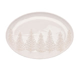 Oval grey stoneware serving plate, 37.5cm, with a row of embossed frosted pine trees in relief along one edge and a glossy finish, shown on a plain white background.