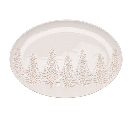 Oval grey stoneware serving plate, 37.5cm, with a row of embossed frosted pine trees in relief along one edge and a glossy finish, shown on a plain white background.