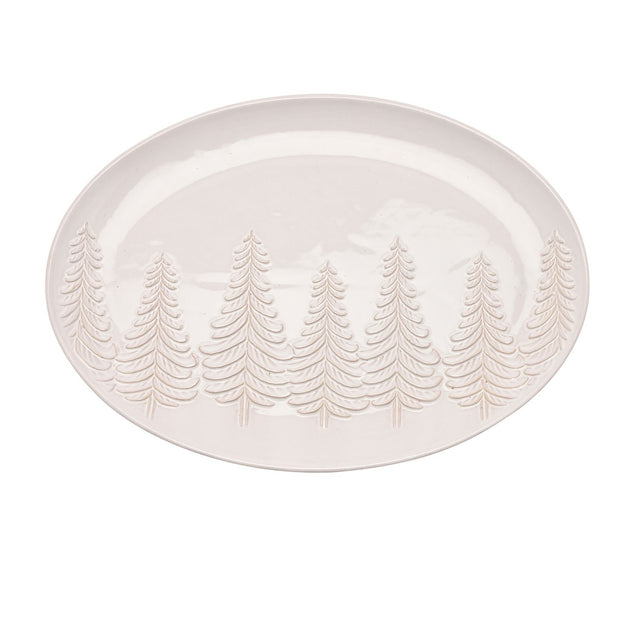 Oval grey stoneware serving plate, 37.5cm, with a row of embossed frosted pine trees in relief along one edge and a glossy finish, shown on a plain white background.