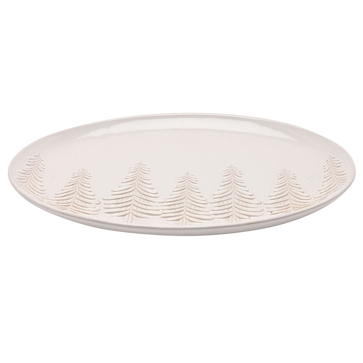 Oval stoneware serving plate, 37.5cm, in pale grey glaze with a row of embossed pine trees in relief along one edge, shown on a plain white background.