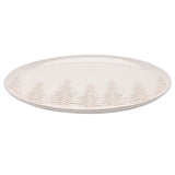Oval stoneware serving plate, 37.5cm, in pale grey glaze with a row of embossed pine trees in relief along one edge, shown on a plain white background.