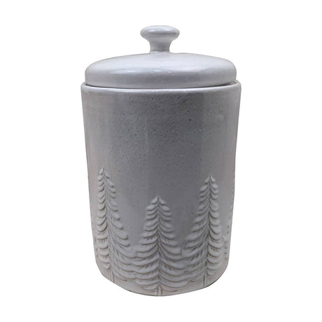 Round grey stoneware storage jar with embossed frosted pine trees in relief around the lower body and a domed lid with knob handle, shown on a plain white background.