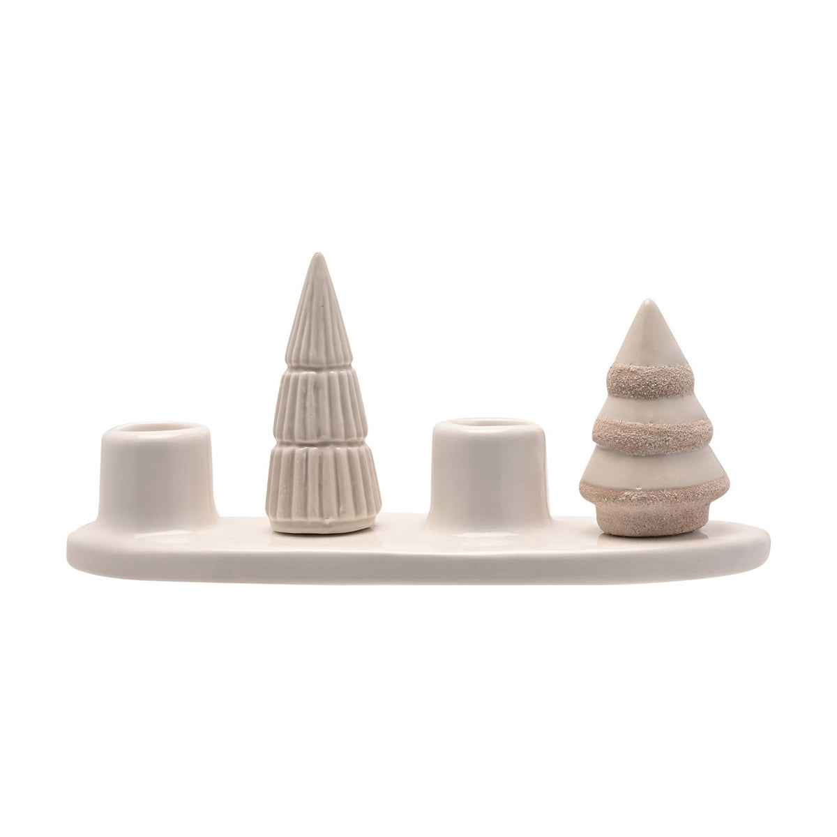 Christmas Tree Ceramic Taper Candle Holder with Tray - White