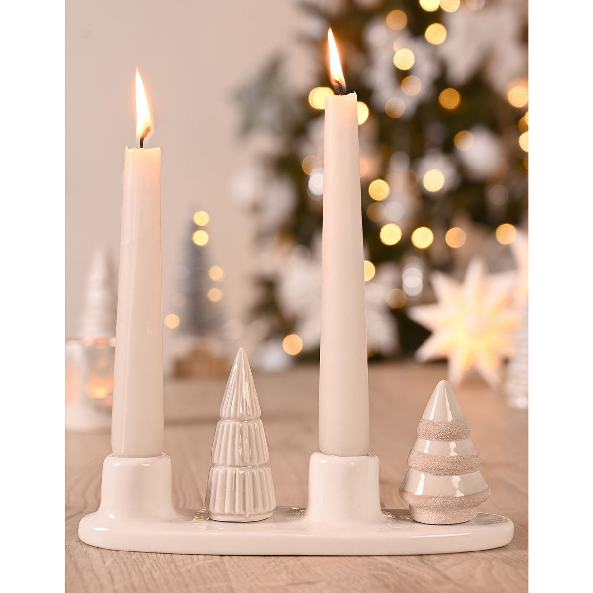 Christmas Tree Ceramic Taper Candle Holder with Tray - White