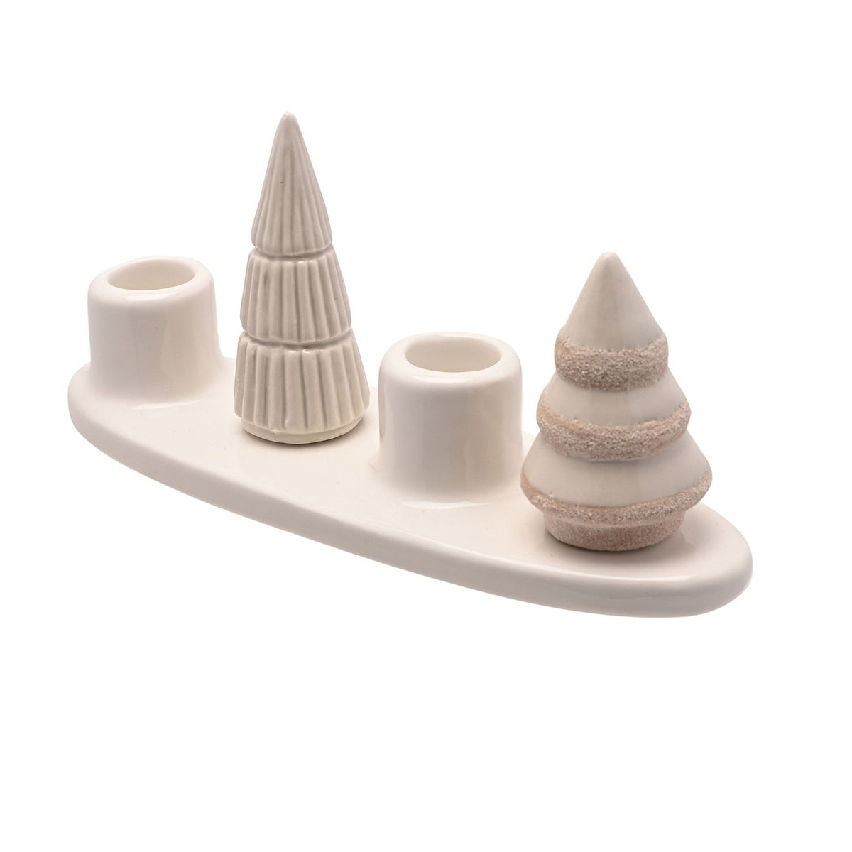 Christmas Tree Ceramic Taper Candle Holder with Tray - White