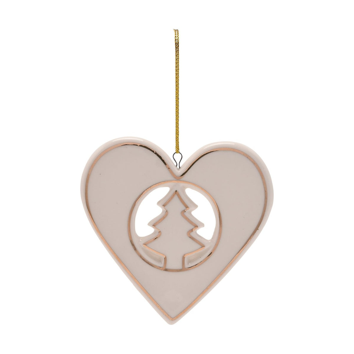 White porcelain heart-shaped hanging Christmas decoration with gold-outlined edges and a cut-out Christmas tree at its centre, suspended on a gold cord against a plain white background.