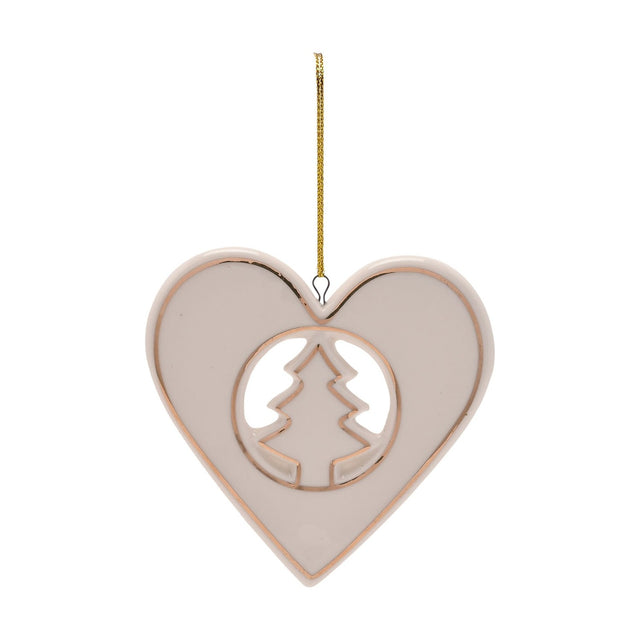 White porcelain heart-shaped hanging Christmas decoration with gold-outlined edges and a cut-out Christmas tree at its centre, suspended on a gold cord against a plain white background.