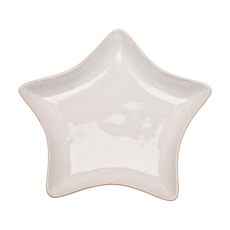 Star-shaped porcelain plate with five rounded points, pale grey speckled glaze, glossy finish, and a thin sandy rim outline, shown on a white background.