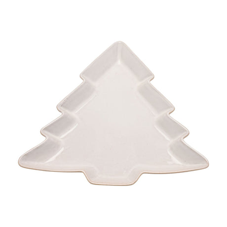 Christmas Tree Speckled Stoneware Plate, 26cm, shaped like a tiered tree with square trunk in off-white glaze with dark speckles, shown on a plain white background.