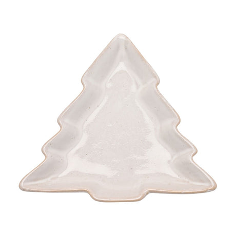 Speckled Christmas Tree Stoneware Plate 16cm in off-white, shaped like a tree with stepped branches, raised rims, and a sandy-toned edge, shown on a plain white background.