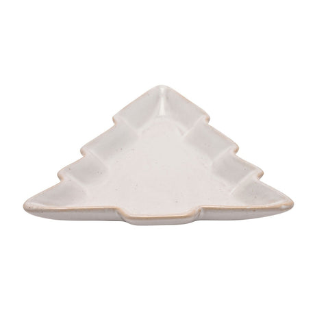 Speckled Christmas Tree Stoneware Plate 16cm in off-white, shaped like a tree with stepped branches, raised rims, and a sandy-toned edge, set against a plain white background.