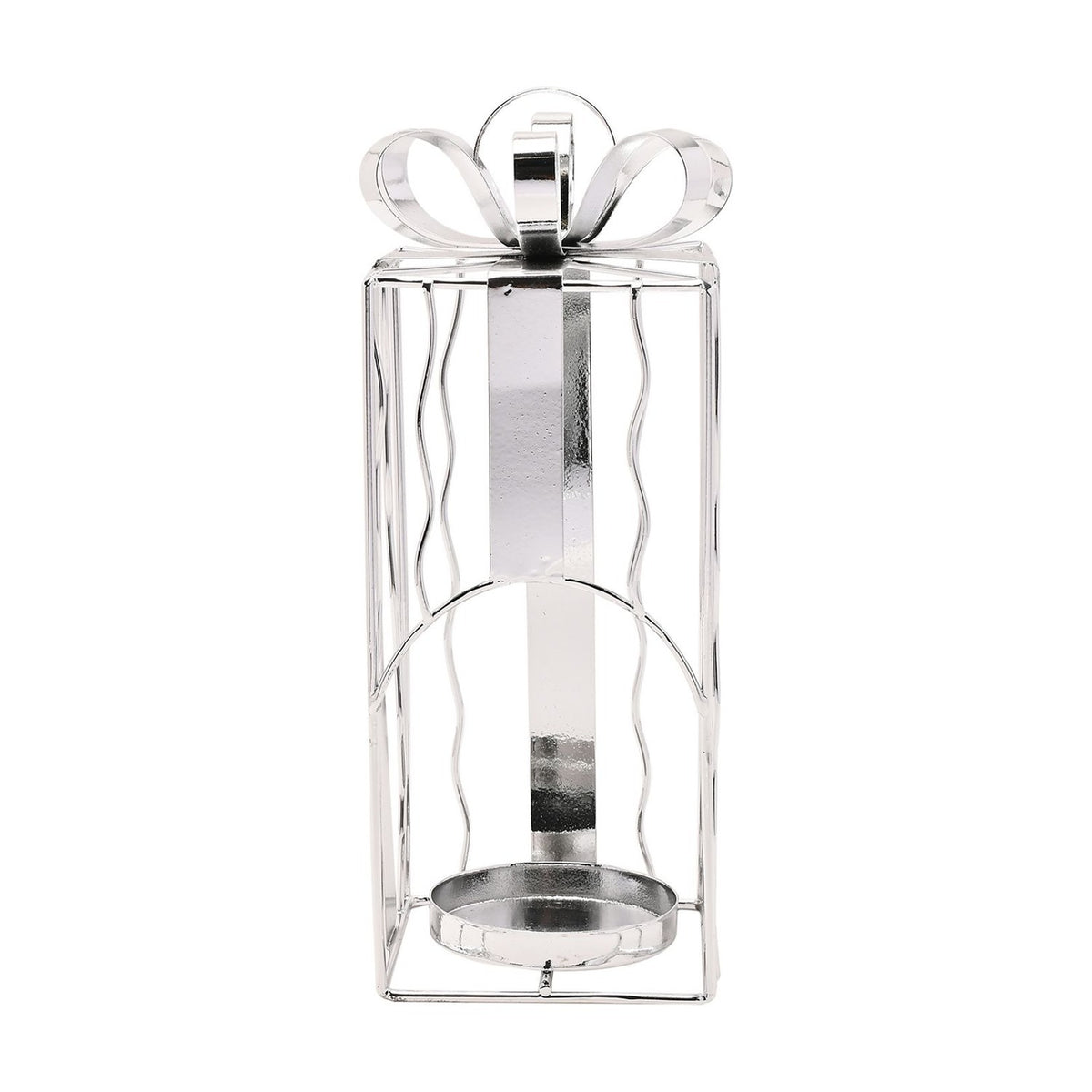 Silver iron tealight candle holder shaped like a Christmas present, with wavy wire sides, ribbon band, arched front opening, and a looped bow on top, shown on a white background.