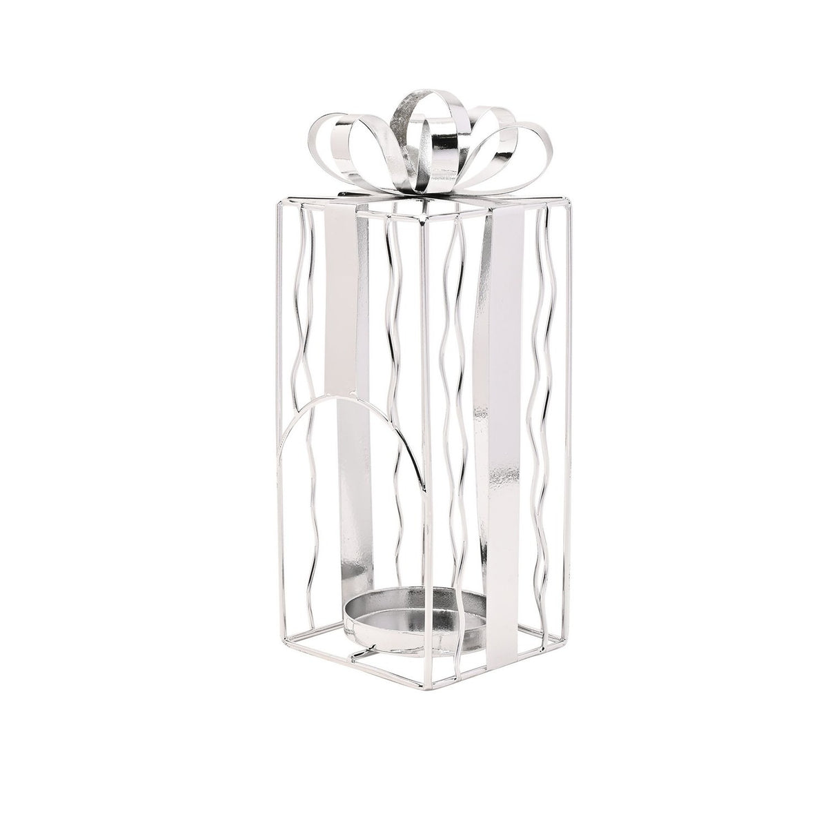 Silver metal tealight candle holder shaped like a Christmas present, with wavy wire sides, a flat ribbon band, arched front opening, and a looped bow on top, set against a plain white background.