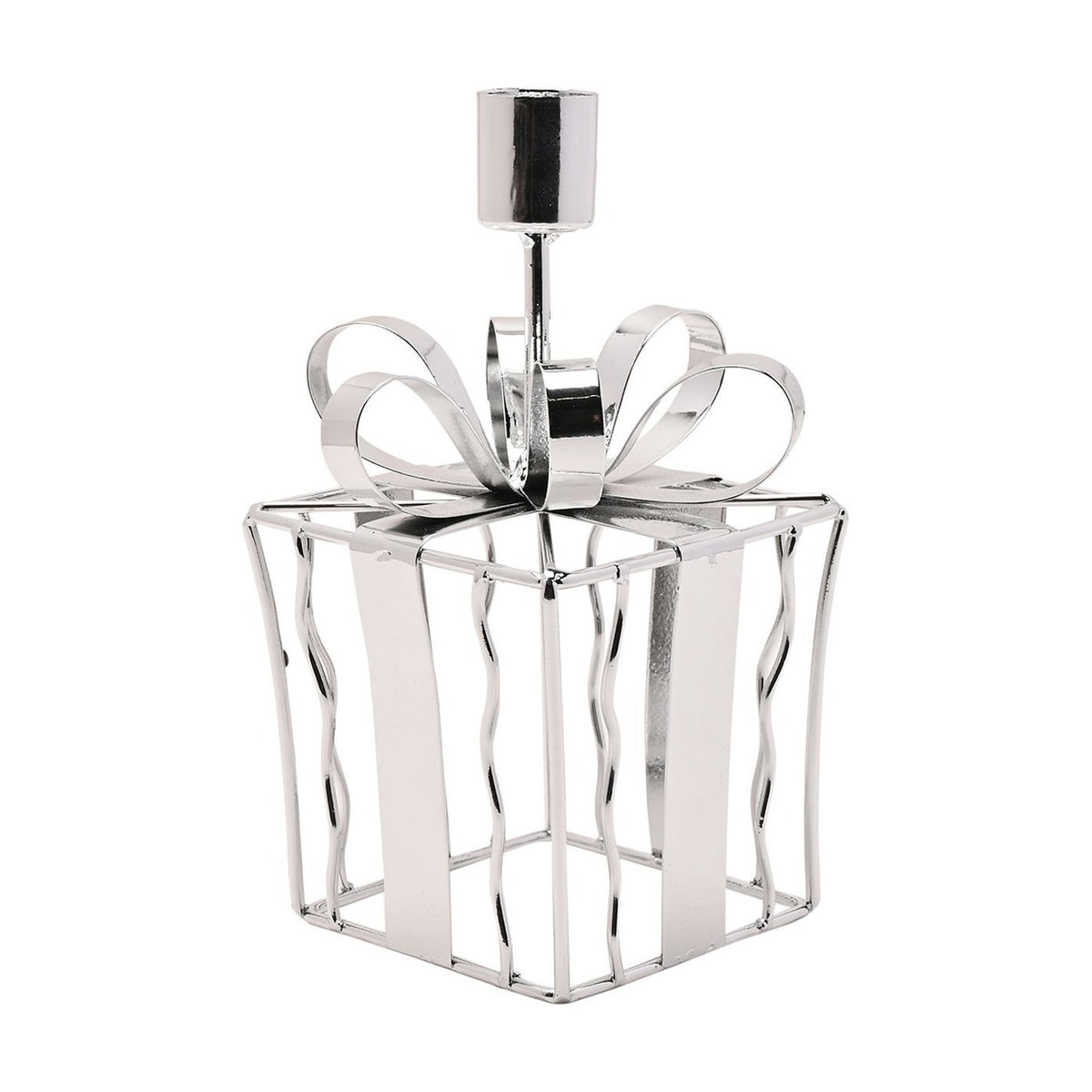 Christmas Present Metal Candle Holder with Bow 17cm - Silver