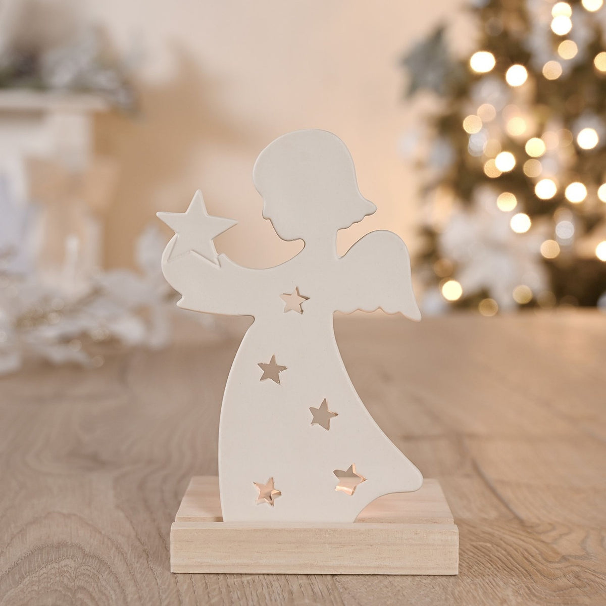 Angel with Star Ceramic Tealight Candle Holder 17cm - White