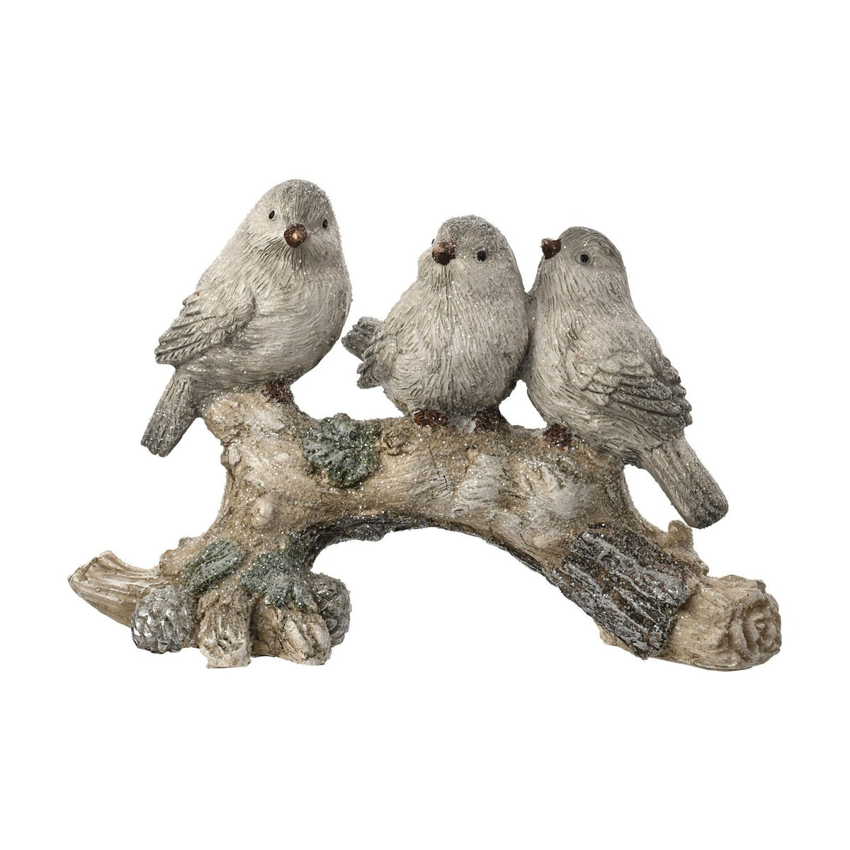 3 Birds on a Mossy Branch Resin Christmas Figurine - Silver