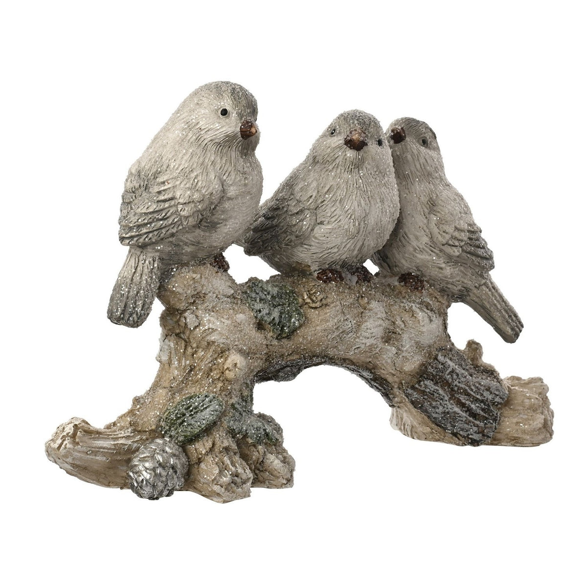 3 Birds on a Mossy Branch Resin Christmas Figurine - Silver