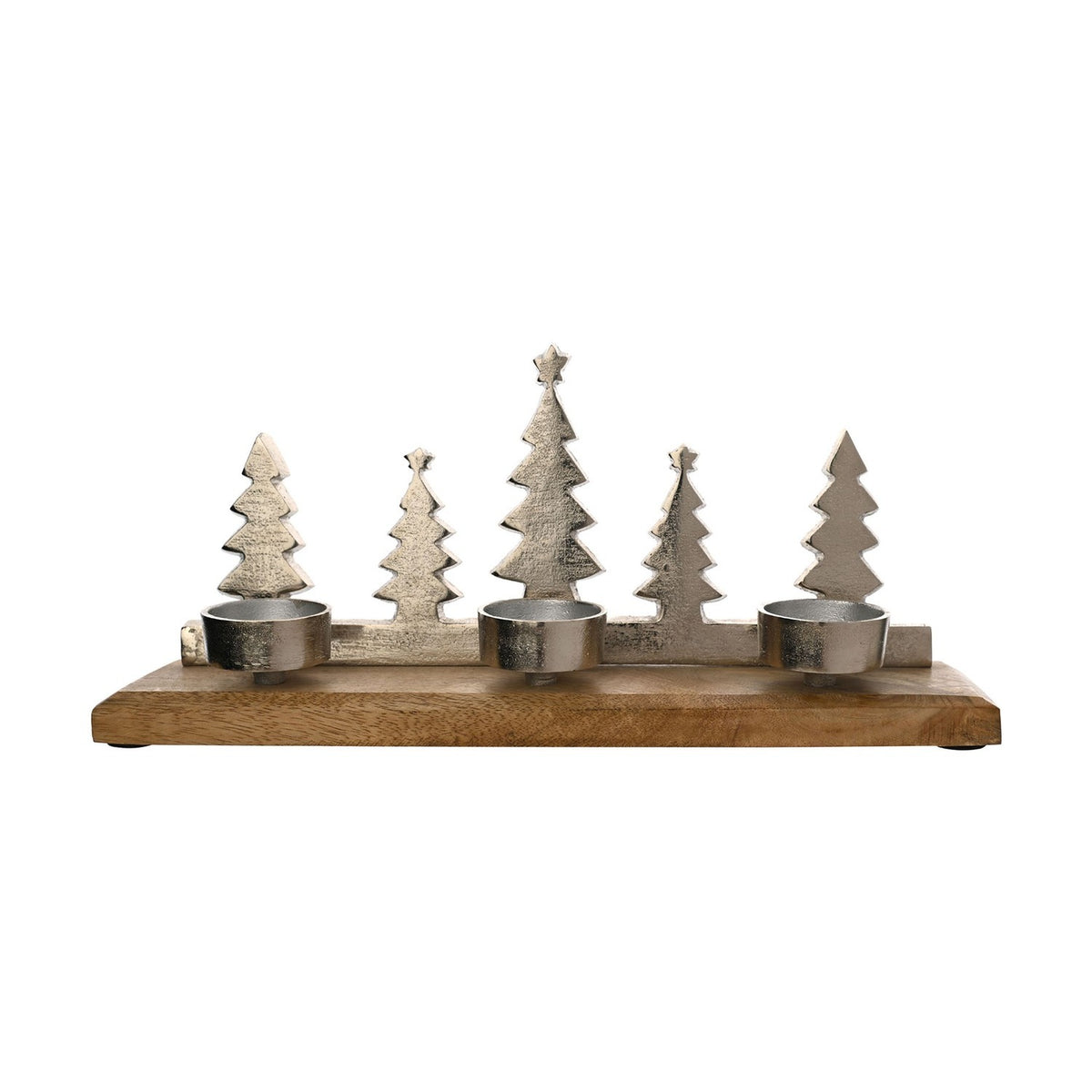 Metal and wood 3 tealight candle holder with five silver Christmas tree silhouettes rising behind three round metal tealight cups on a brown wood base, shown on a white background.