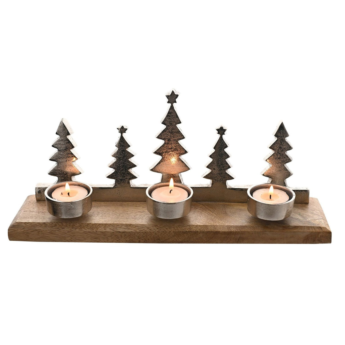Metal and wood tealight candle holder with five silver Christmas tree silhouettes on a rectangular wooden base, holding three lit tealights in round silver cups, shown on a white background.