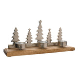 Metal and wood 3 tealight candle holder with five silver Christmas tree silhouettes on a brown wooden base, three round metal cups for tealights, shown on a white background.