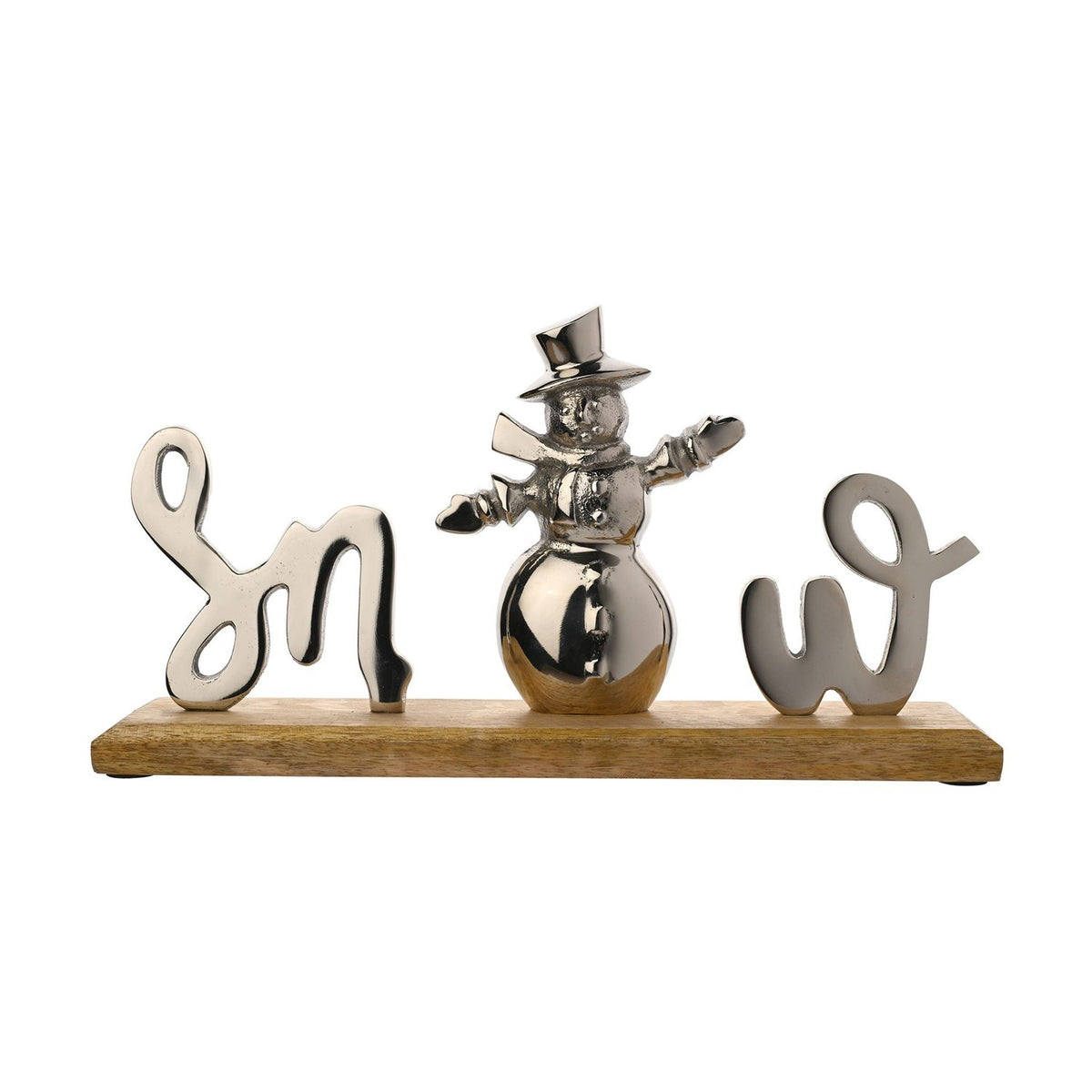 Snow Script Metal and Wood Snowman Plaque - Silver & Natural