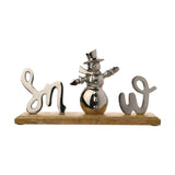 Snow Script Metal and Wood Snowman Plaque - Silver & Natural