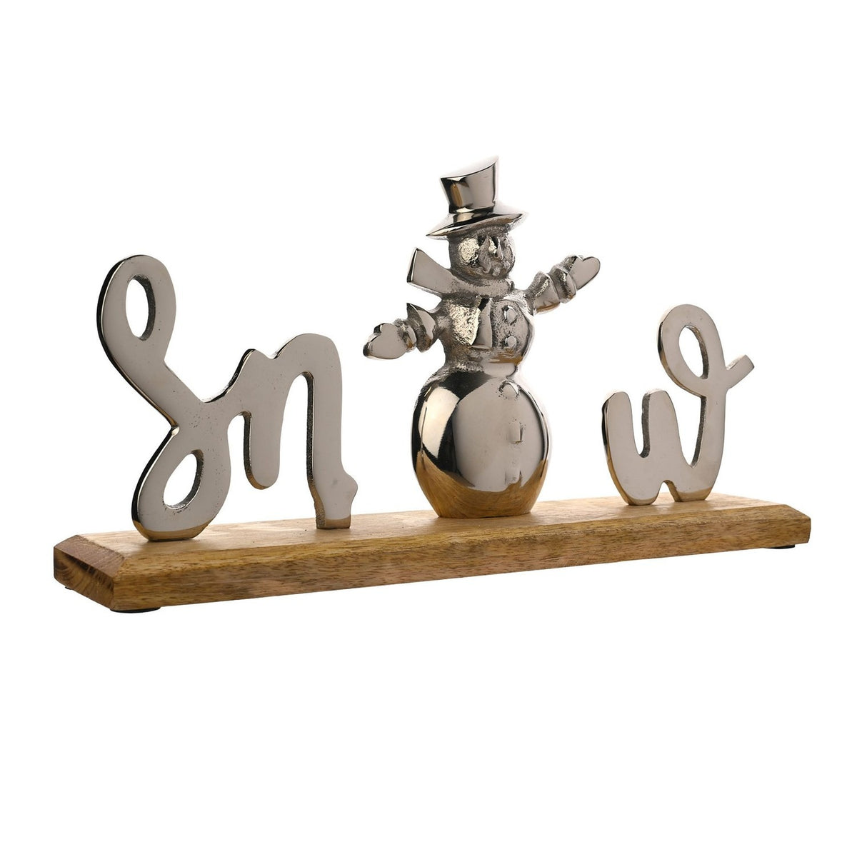 Snow Script Metal and Wood Snowman Plaque - Silver & Natural
